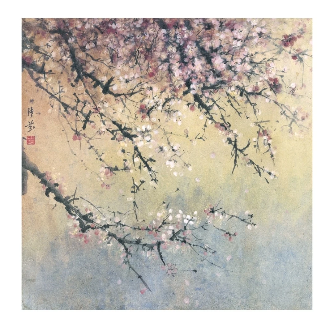 Pink and white blossoms trace dark branches across a soft gold and blue field.