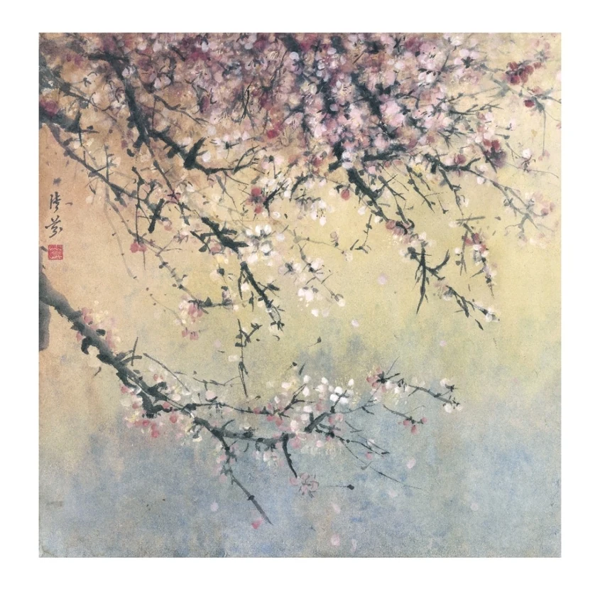 Pink and white blossoms trace dark branches across a soft gold and blue field.