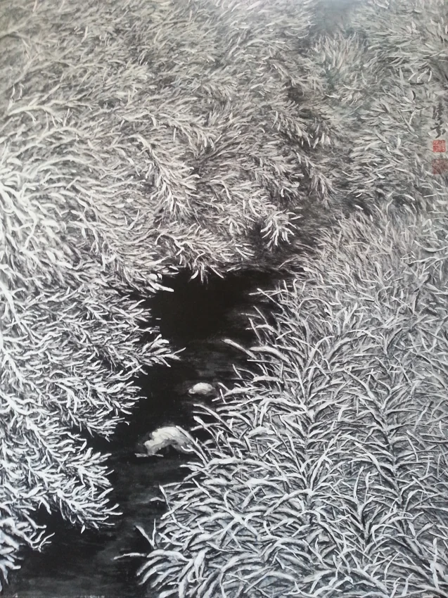 Pale, densely worked foliage surrounds a dark, winding stream. The contrast gives the water a striking presence.