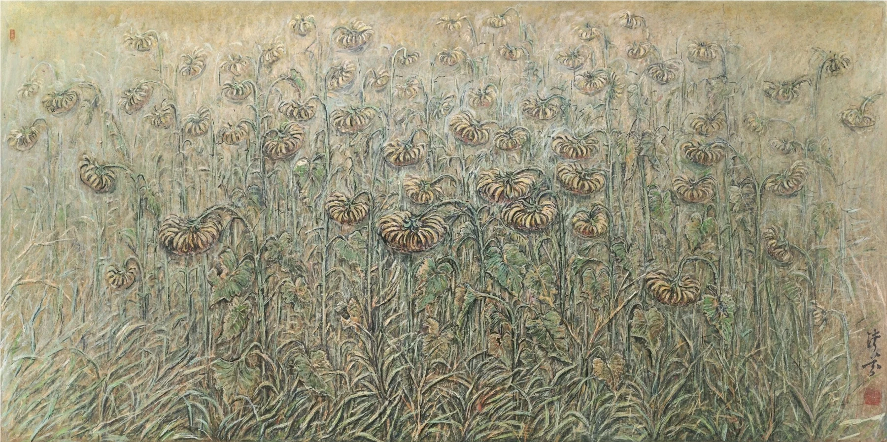 Tall stems and rounded flower heads spread across a wide composition in muted green and gold.