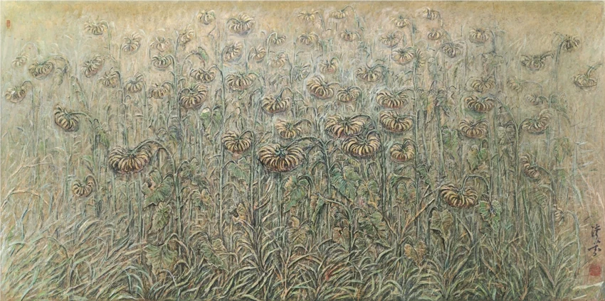 Tall stems and rounded flower heads spread across a wide composition in muted green and gold.